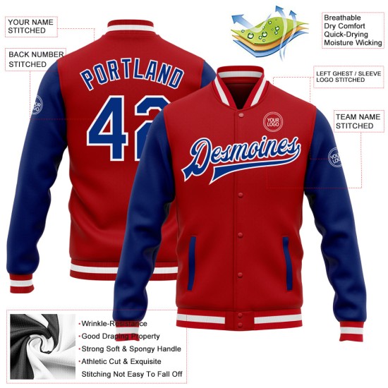 Full-Snap Letterman Varsity Custom Red Two Tone Bomber Royal-White Jacke Full-Snap Letterman Varsity Custom Red Two Tone Bomber Royal-White Jacke