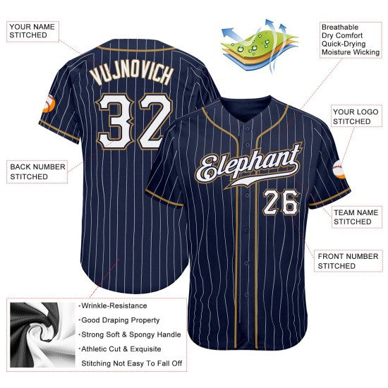 Weiß-Altgold Authentic Custom Baseball Jersey Weiß Nadelstreifen Navy