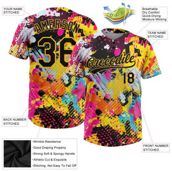 Custom Graffiti Psychedelic Softball Helles 3D Schwarz-Gold Muster Jersey Zwei-Knopf Unisex Custom Graffiti Psychedelic Softball Helles 3D Schwarz-Gold Muster Jersey Zwei-Knopf Unisex