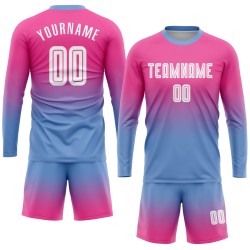 Sublimation Blau Lange Fade Jersey Fußball Weiß-Hellrosa Ärmel Uniform Mode Custom Sublimation Blau Lange Fade Jersey Fußball Weiß-Hellrosa Ärmel Uniform Mode Custom