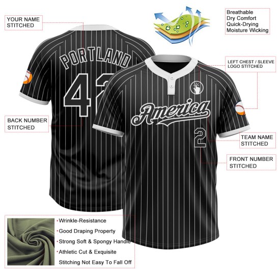 Schwarz Custom Weiß Weiß Softball Jersey Unisex Nadelstreifen Zwei-Knopf Schwarz Custom Weiß Weiß Softball Jersey Unisex Nadelstreifen Zwei-Knopf