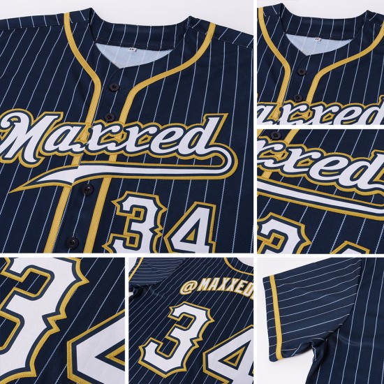 Weiß-Altgold Authentic Custom Baseball Jersey Weiß Nadelstreifen Navy