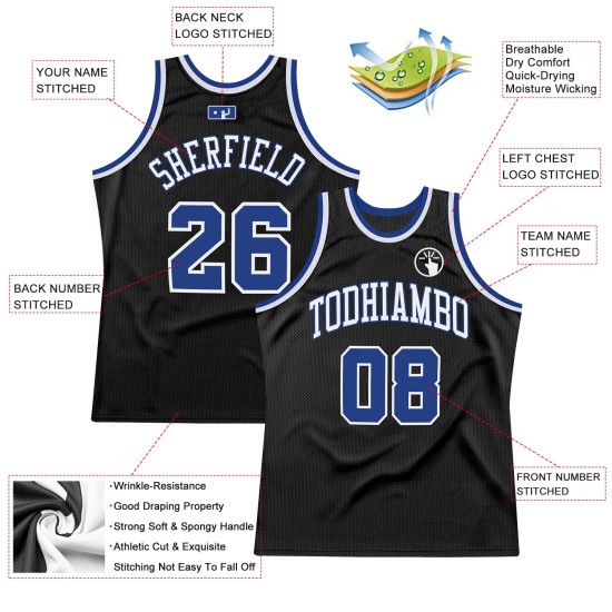 Benutzerdefiniertes Royal-Weiß Throwback Basketballtrikot Authentic Black Benutzerdefiniertes Royal-Weiß Throwback Basketballtrikot Authentic Black