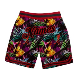 Benutzerdefinierte Shorts Blätter Design 3D Schwarz Palm Schwarz-Rot Tropical Basketball Authentische Muster