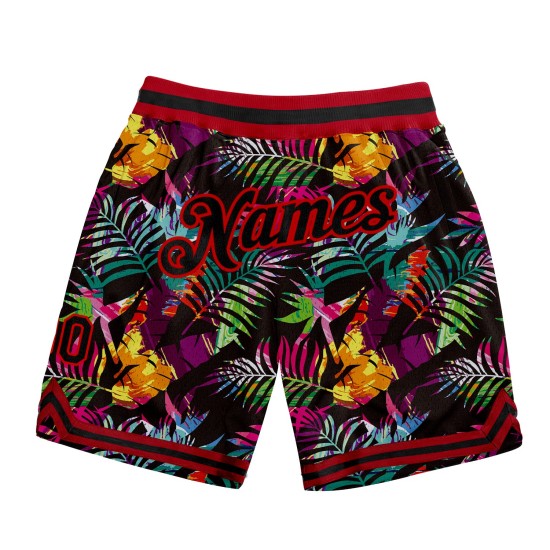 Benutzerdefinierte Shorts Blätter Design 3D Schwarz Palm Schwarz-Rot Tropical Basketball Authentische Muster