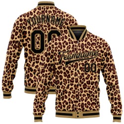 Schwarz-Altbraun Leopard Gold Bomberjacke Muster Full-Snap Varsity Custom Letterman 3D Design