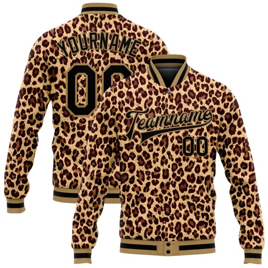Schwarz-Altbraun Leopard Gold Bomberjacke Muster Full-Snap Varsity Custom Letterman 3D Design Schwarz-Altbraun Leopard Gold Bomberjacke Muster Full-Snap Varsity Custom Letterman 3D Design