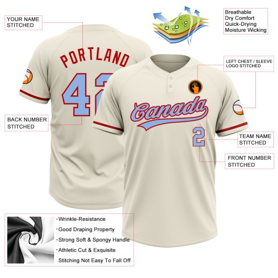 Creme Custom Softball Unisex Jersey Hellblau-Rot Zwei-Knopf Creme Custom Softball Unisex Jersey Hellblau-Rot Zwei-Knopf