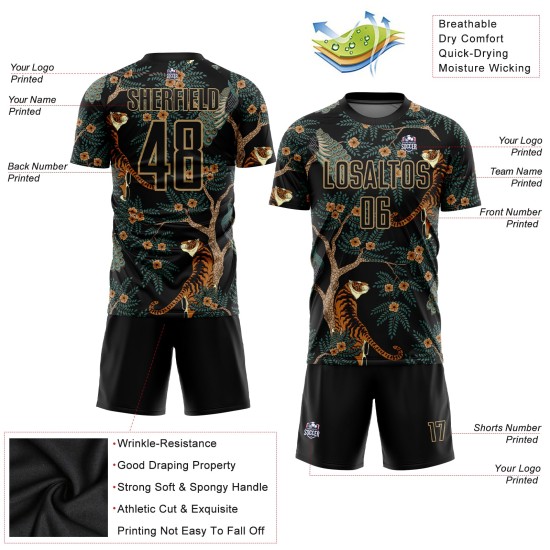 Fußball Sublimation Uniform Custom Tiger Pfau Schwarz Gold Alte Jersey Und