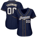Weiß-Altgold Authentic Custom Baseball Jersey Weiß Nadelstreifen Navy