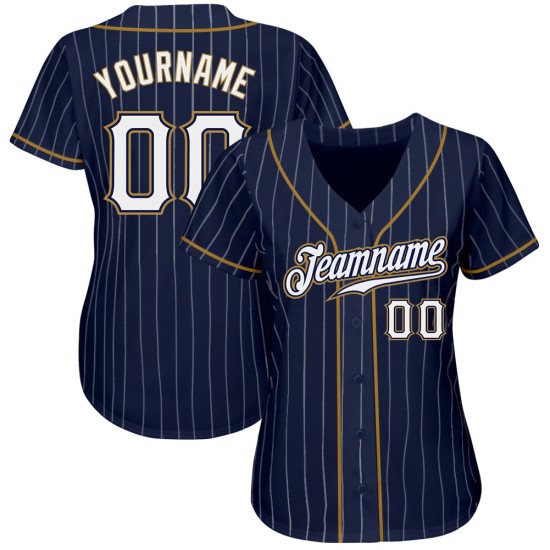 Weiß-Altgold Authentic Custom Baseball Jersey Weiß Nadelstreifen Navy