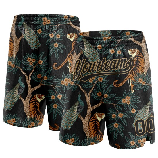 Benutzerdefinierte Pfau Muster Alt Schwarz 3D Gold Authentische Tiger 3D Shorts Basketball Und Muster Design