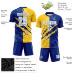 Sublimation Royal Graffiti Muster Blau Uniform Fußball Weiß Gelb-Licht Custom Scratch Jersey