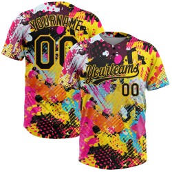Custom Graffiti Psychedelic Softball Helles 3D Schwarz-Gold Muster Jersey Zwei-Knopf Unisex