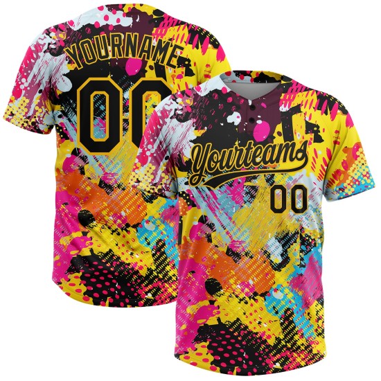 Custom Graffiti Psychedelic Softball Helles 3D Schwarz-Gold Muster Jersey Zwei-Knopf Unisex Custom Graffiti Psychedelic Softball Helles 3D Schwarz-Gold Muster Jersey Zwei-Knopf Unisex