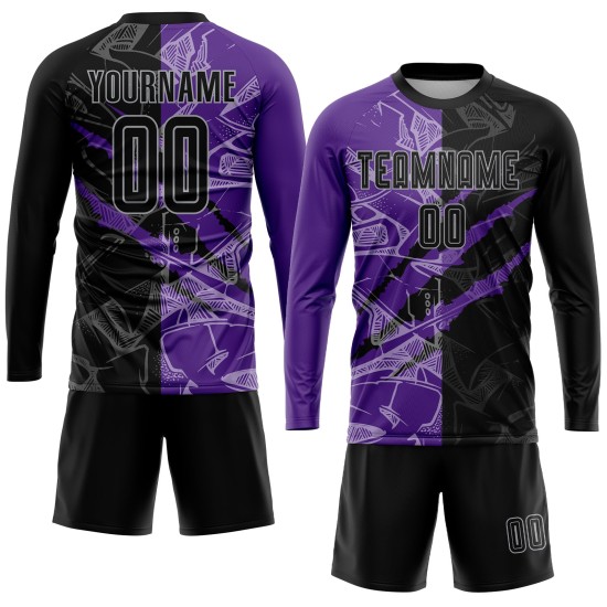 Sublimation Graffiti Fußball Uniform Muster Scratch Lila-Grau Custom Schwarz Jersey