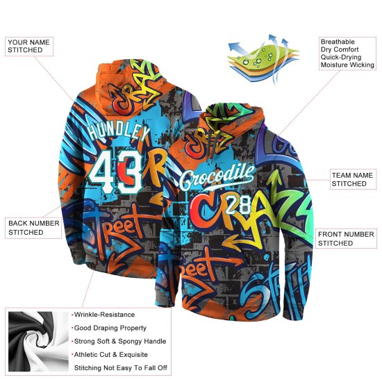 Hoodie Weiß-Aqua Muster Sweatshirt 3D Graffiti Custom Sports Stitched Pullover