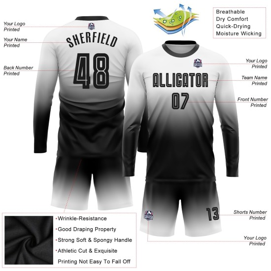 Weiß Fußball Lange Jersey Custom Uniform Verblassen Ärmel Mode Schwarz Sublimation Weiß Fußball Lange Jersey Custom Uniform Verblassen Ärmel Mode Schwarz Sublimation