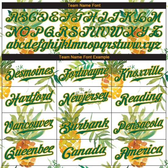 Weißes Hawaii-Ananas-Design, authentisches Kelly-Grün-Gold-Baseball-Trikot, benutzerdefiniertes 3D-Muster Weißes Hawaii-Ananas-Design, authentisches Kelly-Grün-Gold-Baseball-Trikot, benutzerdefiniertes 3D-Muster