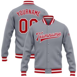Letterman Grau Bomber Varsity Full-Snap Jacke Rot-Weiß Custom