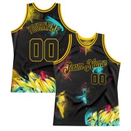 3D Authentic Basketball Jersey Custom Schwarz-Gold Muster Graffiti