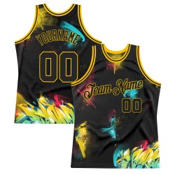 3D Authentic Basketball Jersey Custom Schwarz-Gold Muster Graffiti