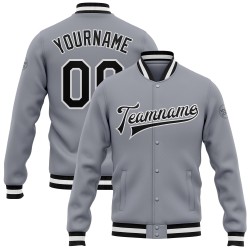 Graue Full-Snap Custom Bomber Schwarz-Weiß Jacke Varsity Letterman
