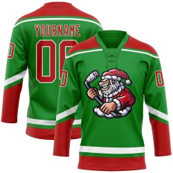 Claus Spitze Rot-Weiß Gras Grün Hockey 3D Santa Custom Neck Weihnachten Jersey